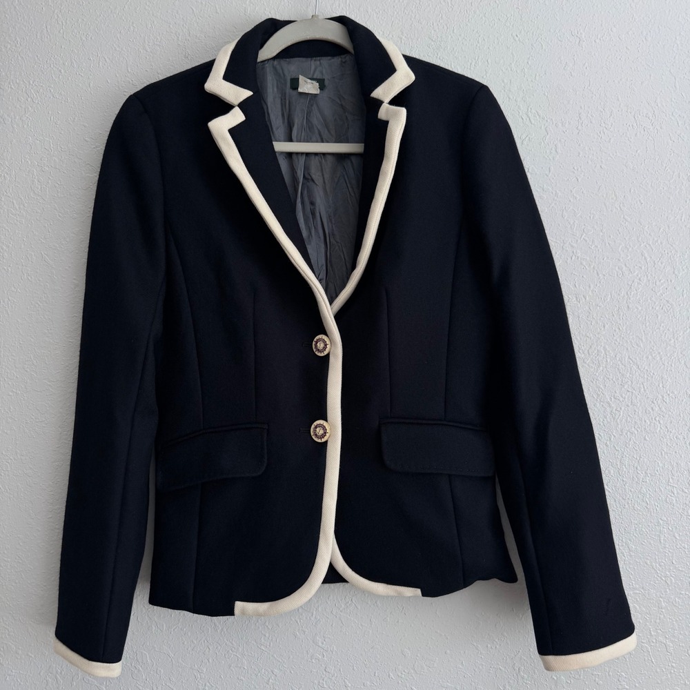J.Crew black white 100% Wool Nautical Crest Button schoolboy Blazer Jacket 8